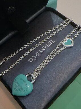 Tiffany & Co. Return to Tiffany Double Heart Blue Enamel Diamond Necklace